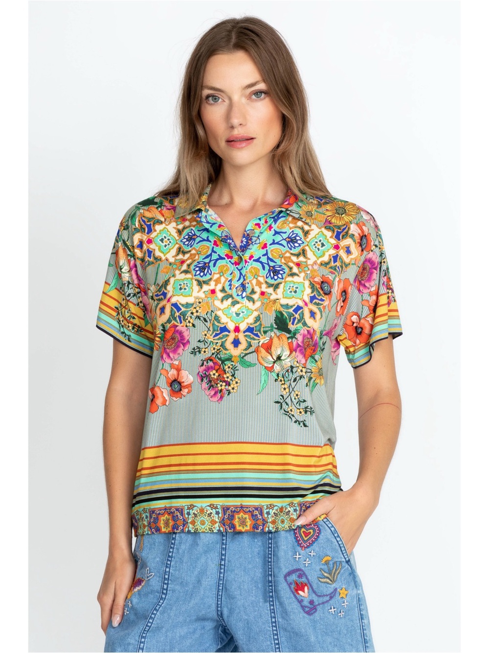 Johnny Was Hunter Short Sleeve Polo Tee Size Large Colorful Boho Resortwear